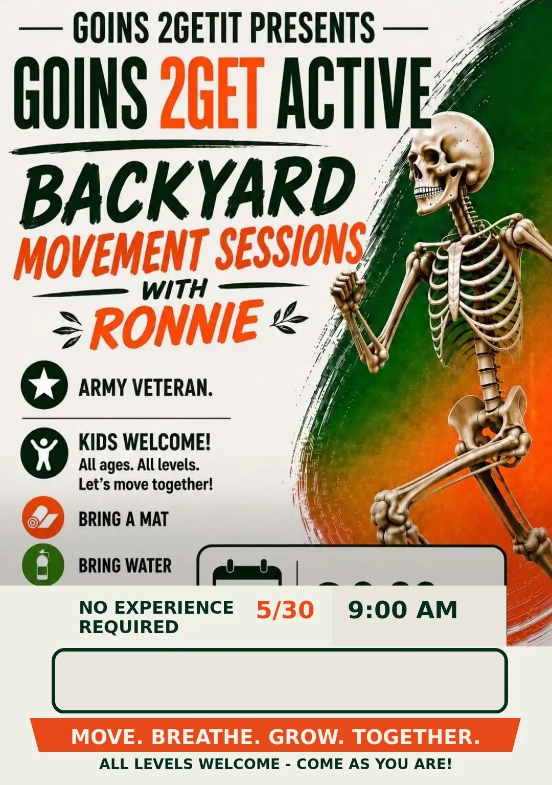 Flyer for Goins 2Get Active: Backyard Movement Sessions with Ronnie on May 30, 2026 at 9:00 AM at The Farm at Forest Oaks in Greensboro, NC 27406