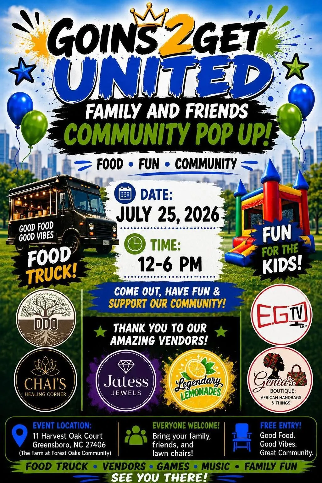 Event flyer for the July 25, 2026 Goins 2Get United community pop-up